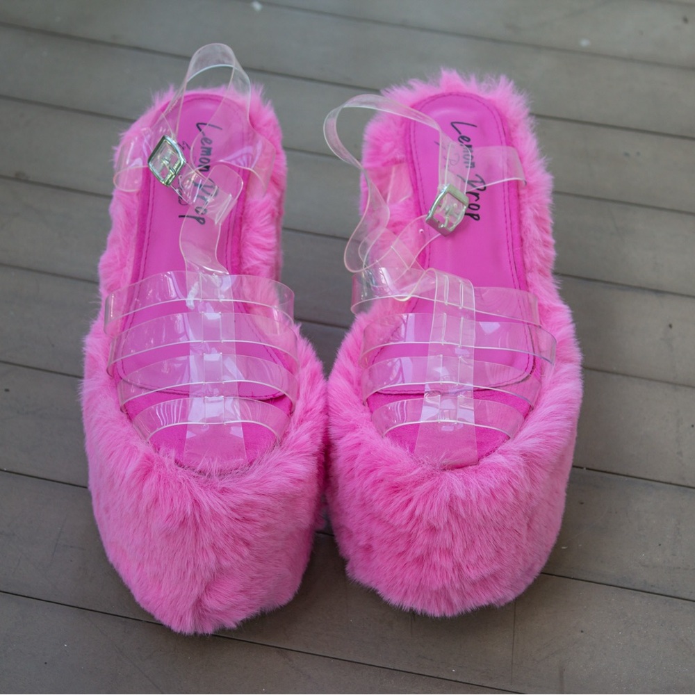 Pink Furry Lemon Drop Platform Sandals by Privileged